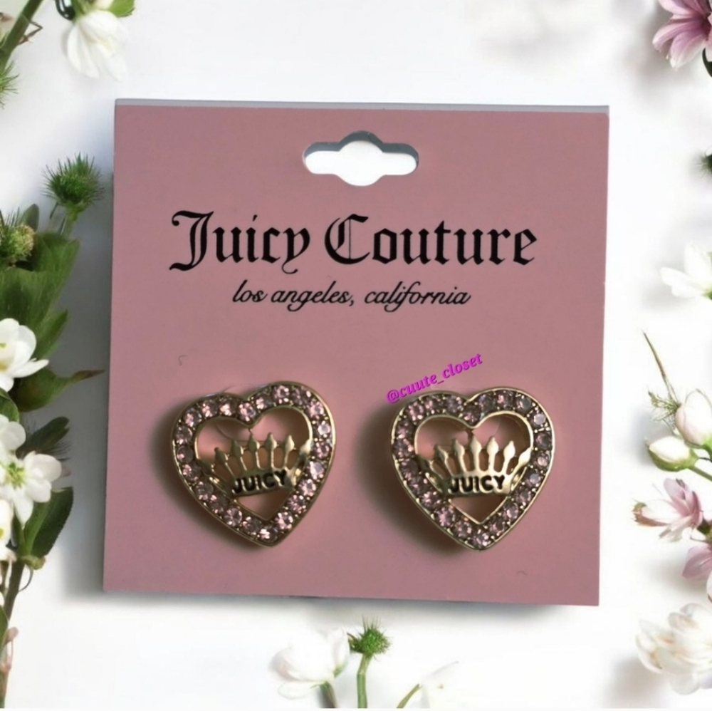 Juicy Couture Heart Stud Earrings with Pink Rhinestones